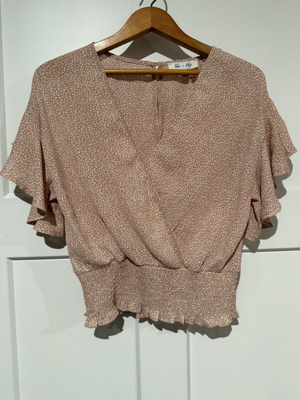 She + Sky Blush Dot Print Flutter Sleeve Smocked Hem Blouse Button Front Closure